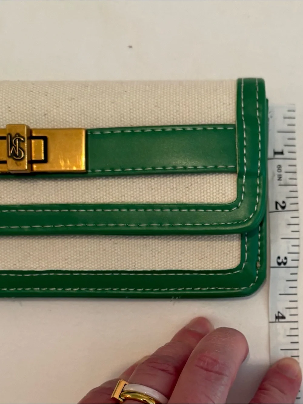 STEVE MADDEN New BBELTY Canvas 100% Cotton Natural Wallet Green Trim Snap Zip